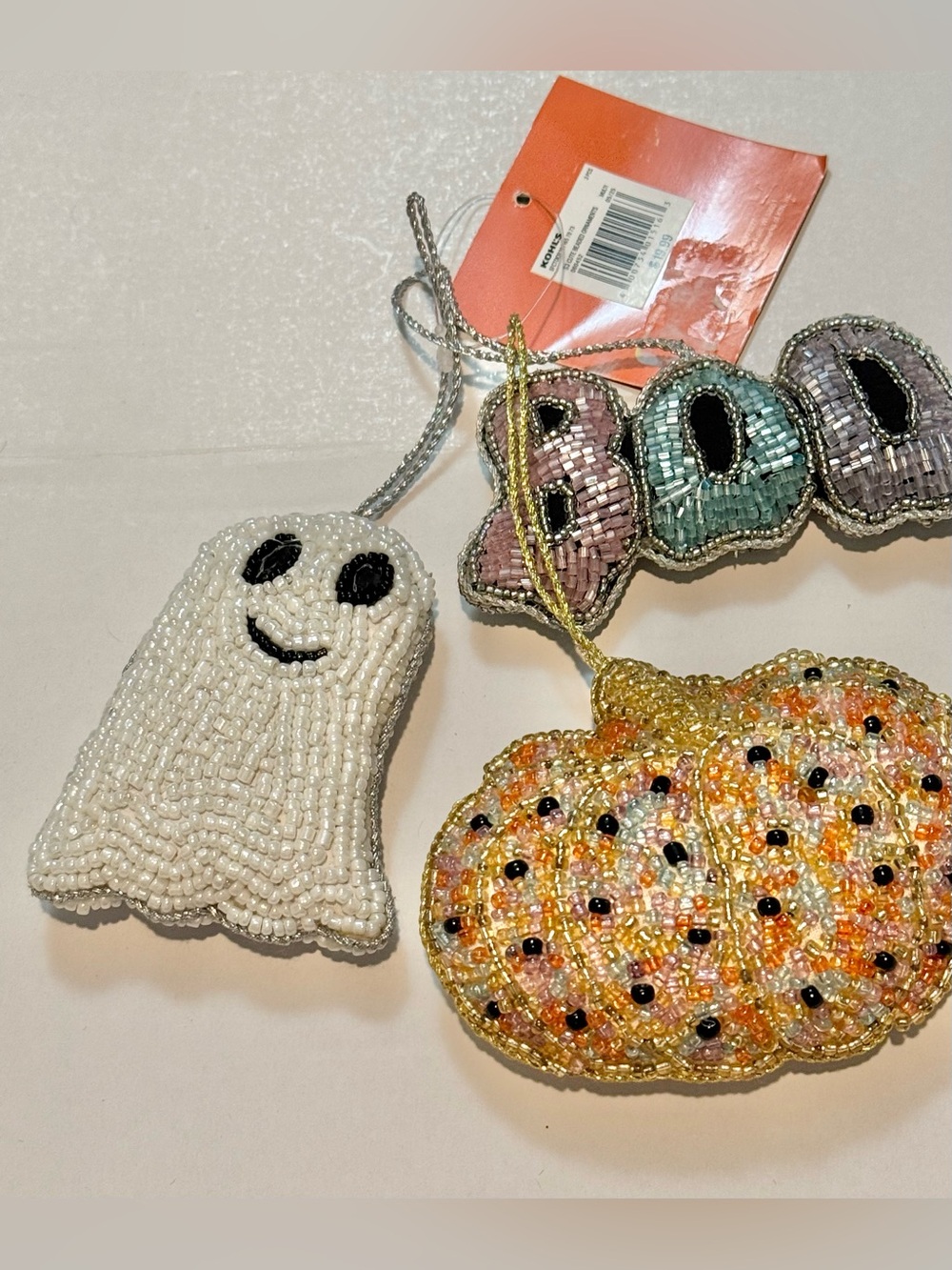 Kohl's Beaded Halloween Ornament Set - White Ghost, Orange Pumpkin, Pastel 'Boo'